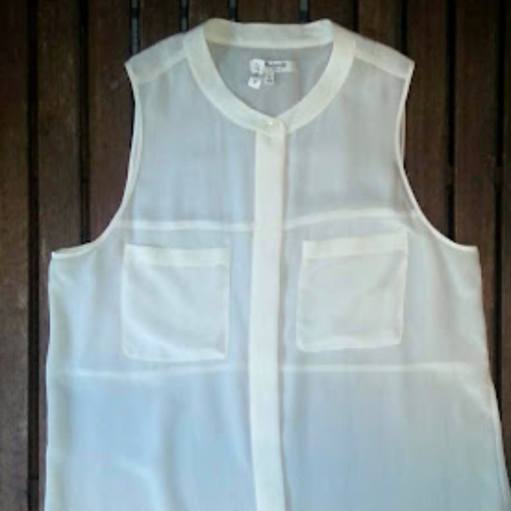 Madewell ivory sheer Silk sleeveless blouse 2 pockets sz L